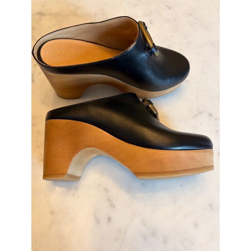 Frame Le Ione Clog Noir Black Leather Wooden Platform Mules Brass Buckle 37 US 7 - Picture 6 of 13